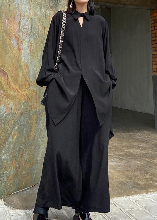Suit large black long sleeve shirt wide leg pants two piece set - SooLinen