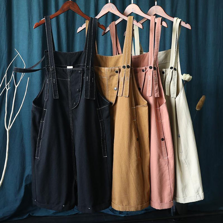 Summer 202 loose tooling brown bib pants women casual fashion five-point pants jumpsuit - SooLinen