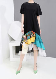 Summer Casual Black Colorful Printed Hem Dress - SooLinen