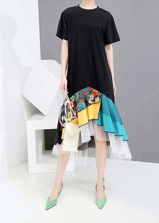 Summer Casual Black Colorful Printed Hem Dress - SooLinen