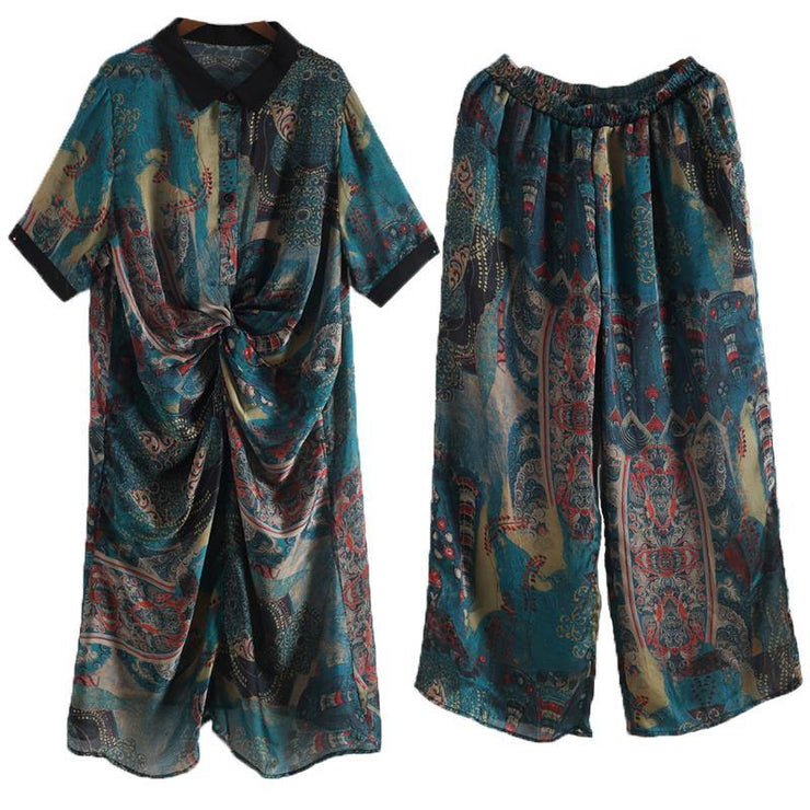 Summer Large Blue Print Chiffon Print Set Women&