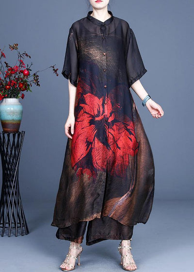 Summer Large Red Print Vintage Coat + Wide Leg Pants Two Piece Set - SooLinen