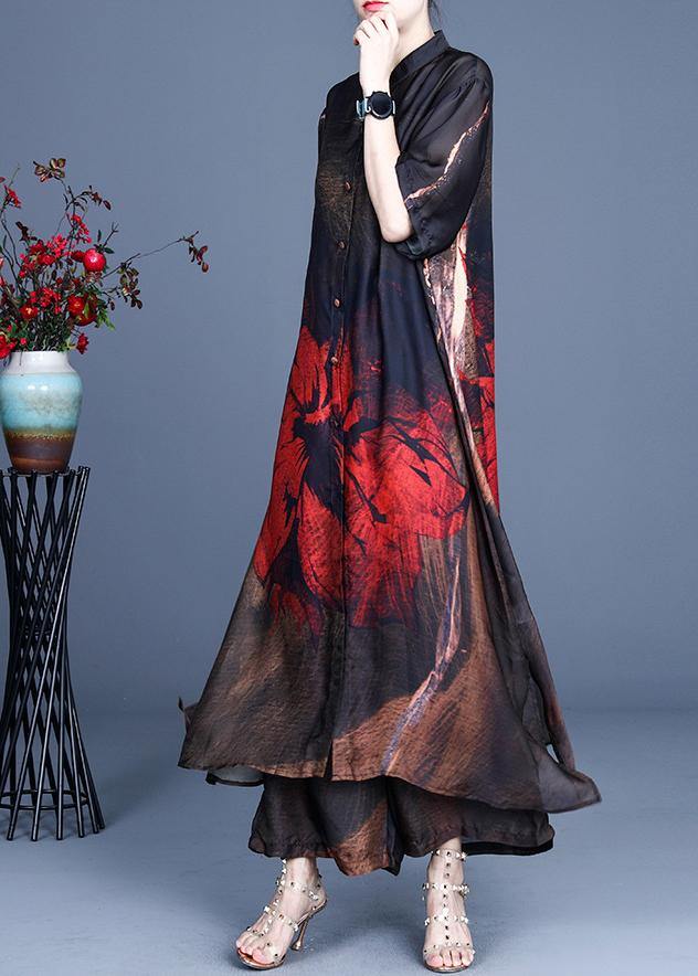 Summer Large Red Print Vintage Coat + Wide Leg Pants Two Piece Set - SooLinen