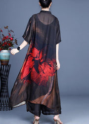 Summer Large Red Print Vintage Coat + Wide Leg Pants Two Piece Set - SooLinen