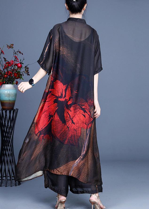 Summer Large Red Print Vintage Coat + Wide Leg Pants Two Piece Set - SooLinen