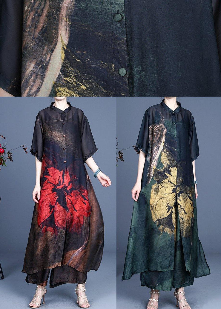 Summer Large Red Print Vintage Coat + Wide Leg Pants Two Piece Set - SooLinen