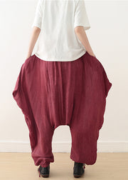 Summer new burgundy cotton and linen art women's button loose wide leg