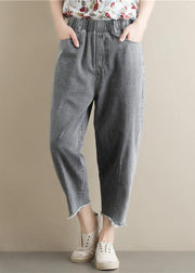 Summer new literary large size gray trousers loose elastic waist casual nine points jeans - SooLinen