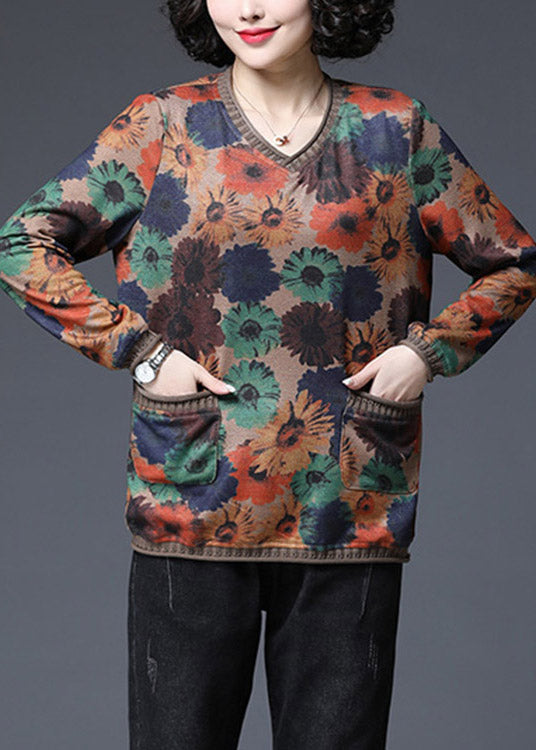 2025 Baggy V Neck Print Pockets Knit Tops Long sleeve