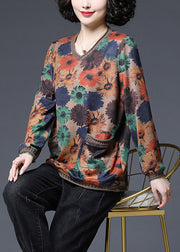 2025 Baggy V Neck Print Pockets Knit Tops Long sleeve
