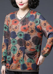 2025 Baggy V Neck Print Pockets Knit Tops Long sleeve