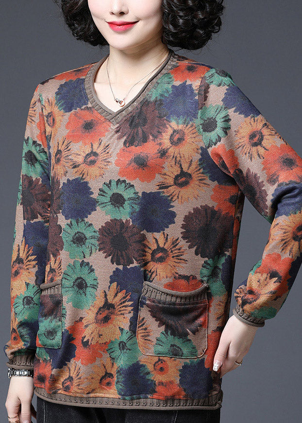2025 Baggy V Neck Print Pockets Knit Tops Long sleeve