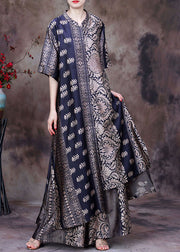 2025 Black Asymmetrical Print Side Open Silk Long Top And Wide Leg Pant Two Piece Set Summer