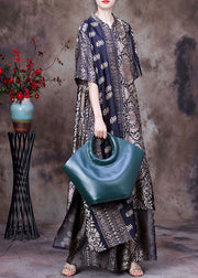 2025 Black Asymmetrical Print Side Open Silk Long Top And Wide Leg Pant Two Piece Set Summer