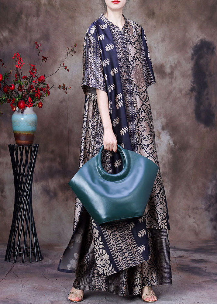 2025 Black Asymmetrical Print Side Open Silk Long Top And Wide Leg Pant Two Piece Set Summer