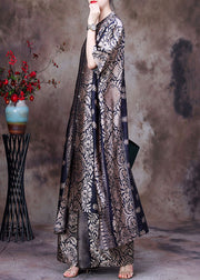 2025 Black Asymmetrical Print Side Open Silk Long Top And Wide Leg Pant Two Piece Set Summer