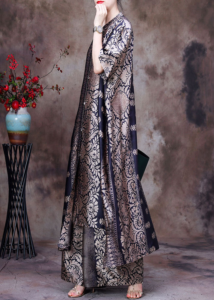 2025 Black Asymmetrical Print Side Open Silk Long Top And Wide Leg Pant Two Piece Set Summer