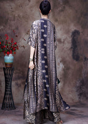 2025 Black Asymmetrical Print Side Open Silk Long Top And Wide Leg Pant Two Piece Set Summer