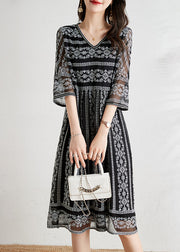 2025 Black O-Neck Draping Embroideried Silk Dresses Summer