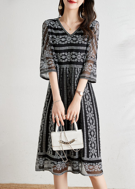 2025 Black O-Neck Draping Embroideried Silk Dresses Summer