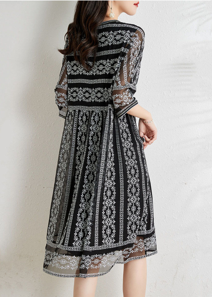 2025 Black O-Neck Draping Embroideried Silk Dresses Summer