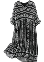 2025 Black O-Neck Draping Embroideried Silk Dresses Summer