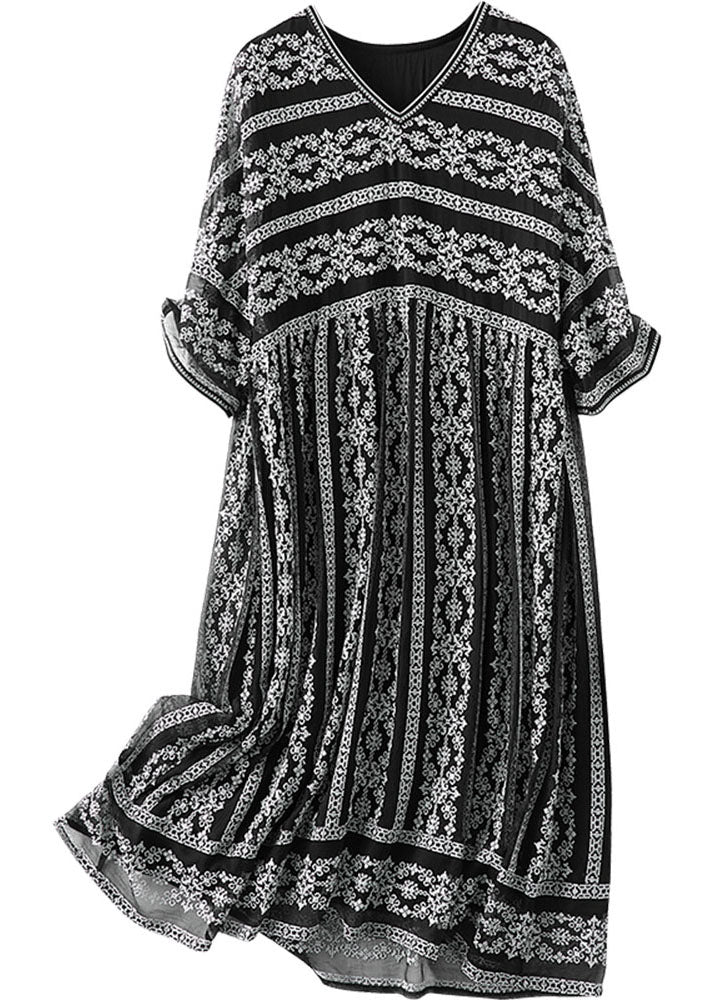 2025 Black O-Neck Draping Embroideried Silk Dresses Summer