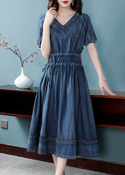 2025 Blue Cinched V Neck Cotton Denim Dress Short Sleeve