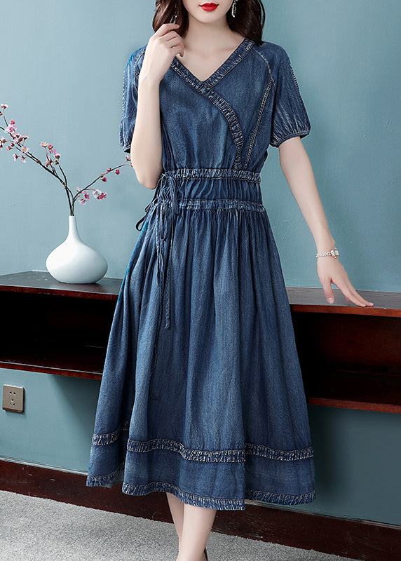 2025 Blue Cinched V Neck Cotton Denim Dress Short Sleeve