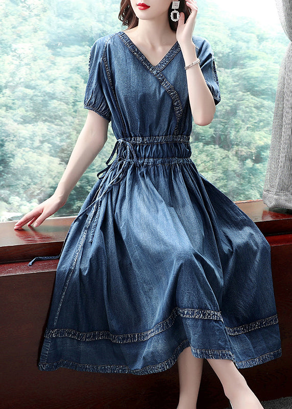2025 Blue Cinched V Neck Cotton Denim Dress Short Sleeve