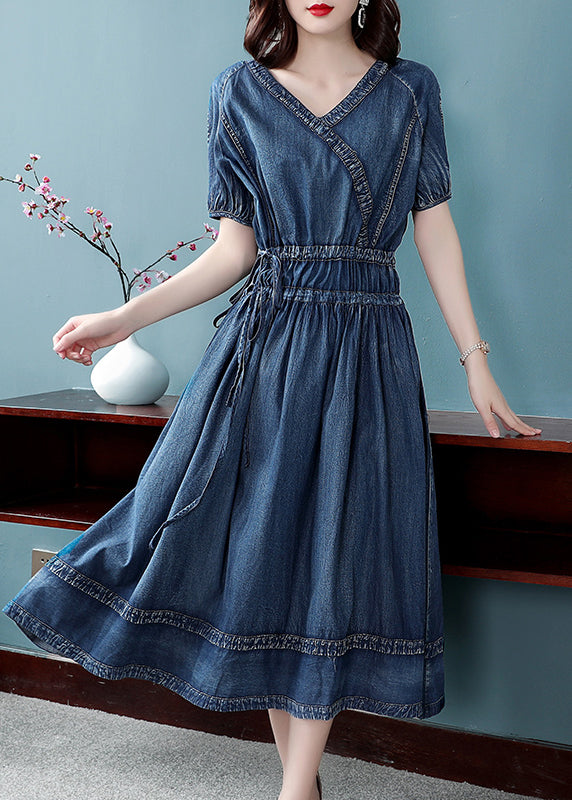 2025 Blue Cinched V Neck Cotton Denim Dress Short Sleeve