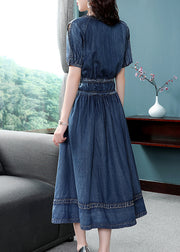 2025 Blue Cinched V Neck Cotton Denim Dress Short Sleeve