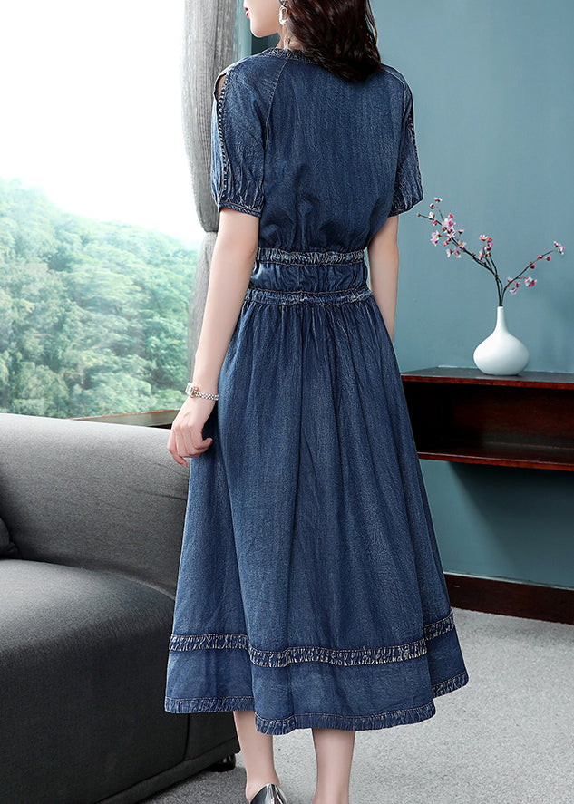 2025 Blue Cinched V Neck Cotton Denim Dress Short Sleeve