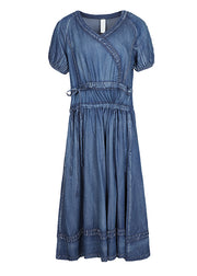 2025 Blue Cinched V Neck Cotton Denim Dress Short Sleeve