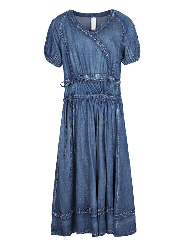 2025 Blue Cinched V Neck Cotton Denim Dress Short Sleeve