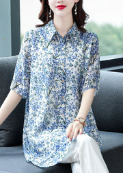 2025 Blue Peter Pan Collar Print Chiffon Long Blouse Top Half Sleeve