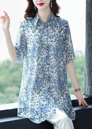 2025 Blue Peter Pan Collar Print Chiffon Long Blouse Top Half Sleeve