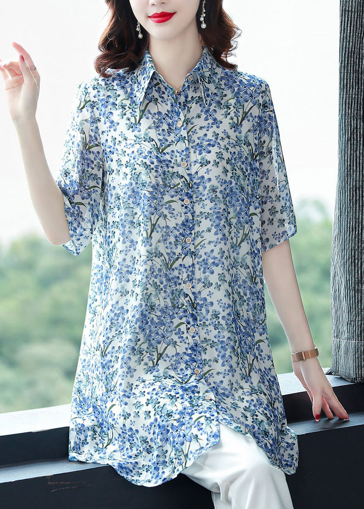 2025 Blue Peter Pan Collar Print Chiffon Long Blouse Top Half Sleeve