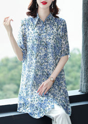 2025 Blue Peter Pan Collar Print Chiffon Long Blouse Top Half Sleeve