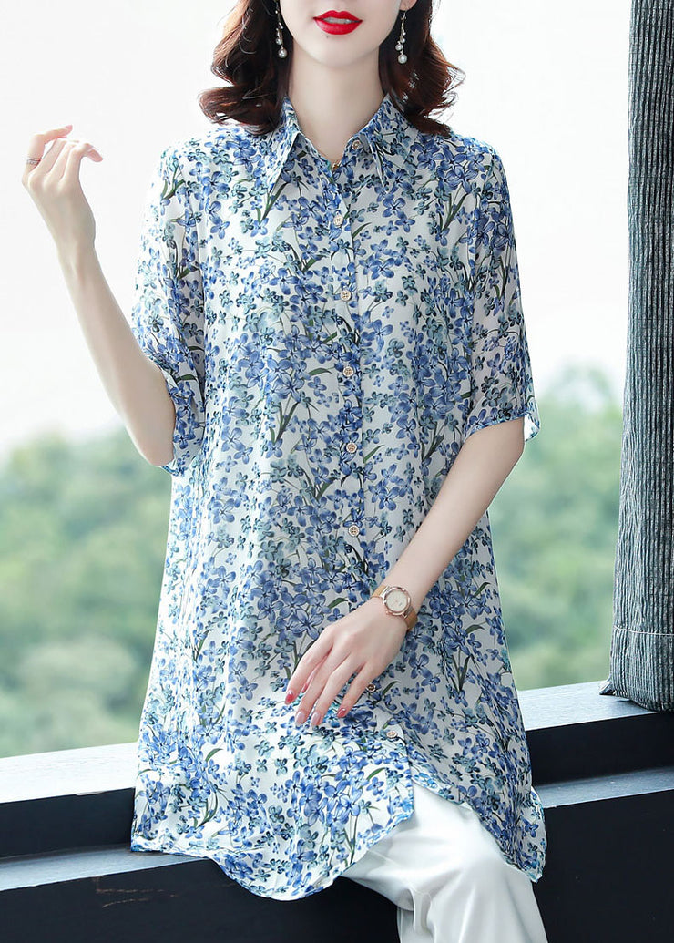 2025 Blue Peter Pan Collar Print Chiffon Long Blouse Top Half Sleeve