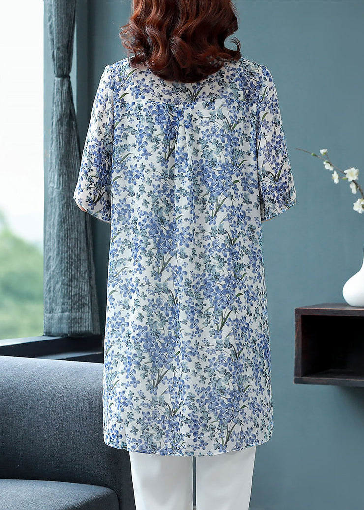 2025 Blue Peter Pan Collar Print Chiffon Long Blouse Top Half Sleeve