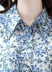 2025 Blue Peter Pan Collar Print Chiffon Long Blouse Top Half Sleeve