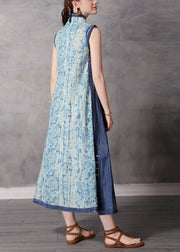 2025 Blue Stand Collar Button Patchwork Long Denim Dress Sleeveless