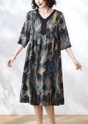 2025 Blue V Neck Print Wrinkled Dress Half Sleeve