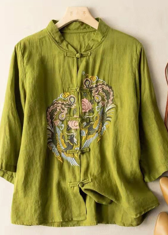 2025 Green Embroideried Linen Shirt Top Half Sleeve