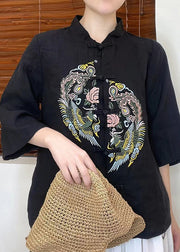 2025 Green Embroideried Linen Shirt Top Half Sleeve