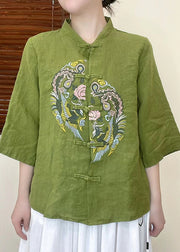 2025 Green Embroideried Linen Shirt Top Half Sleeve