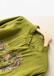 2025 Green Embroideried Linen Shirt Top Half Sleeve