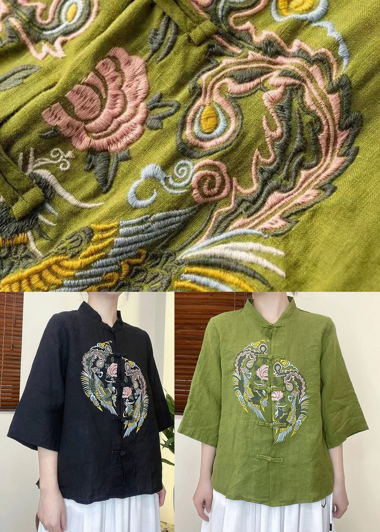 2025 Green Embroideried Linen Shirt Top Half Sleeve
