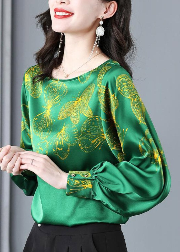 2025 Green O-Neck Butterfly Print Silk Tops Long sleeve